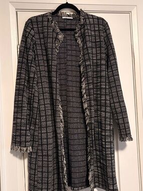 Zara Black & White Fringed Open-Front Cardigan - S